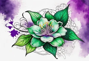 A mystical outline of a green with a bit of purple rio dipladenia flower and a green and purple watercolor splash in the background tattoo idea