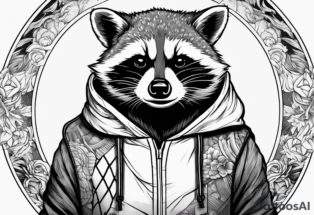 raccoon wearing a Superman hoodie tattoo idea