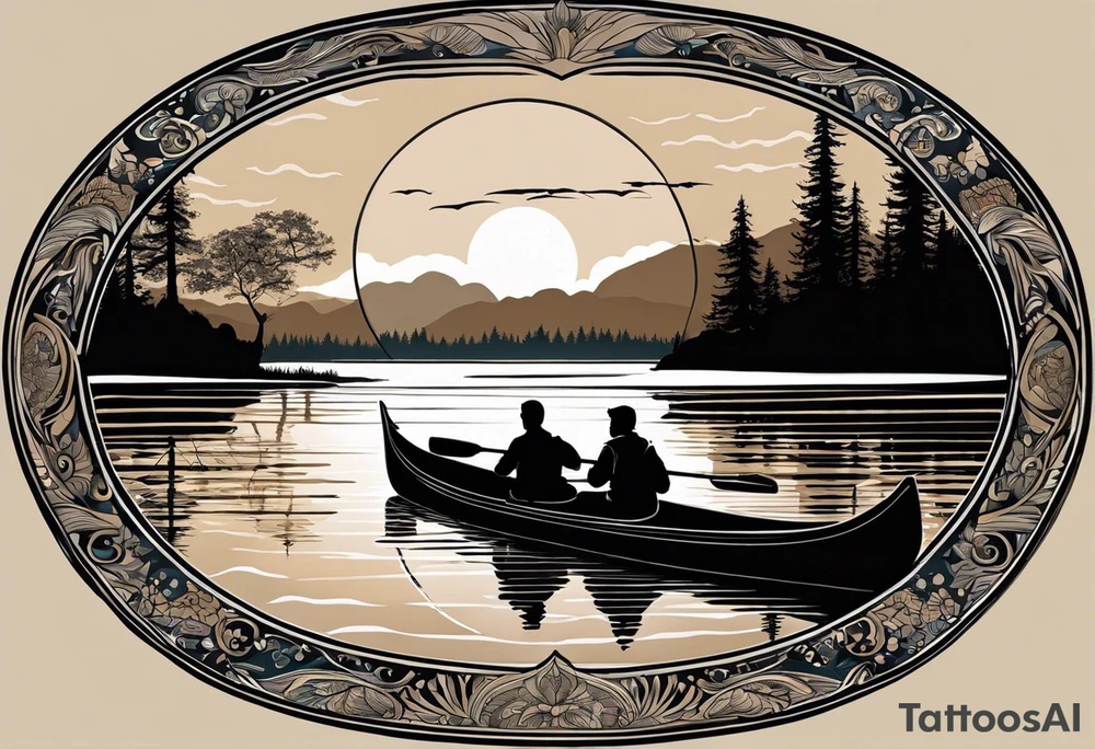 The tattoo design depicts a serene nature scene, framed within a semi-circular border. In the foreground, there are two people sitting in a canoe on a calm lake. They are paddling towards the horizon, with one person sitting at the back of the canoe and the other at the front. The back view of the people suggests a peaceful and contemplative moment shared between them.

In the background, there are majestic mountains with peaks covered in snow, creating a dramatic and picturesque landscape. The mountains are flanked by tall pine trees on either side, adding to the wilderness feel of the scene. Above the mountains, a large sun is either rising or setting, casting a tranquil glow over the entire scene. Birds are flying in the sky, adding to the sense of freedom and natural beauty.

The entire scene is rendered in a minimalist, black and white, line-drawing style, giving it a clean and elegant appearance. The semi-circular frame around the design focuses attention on the central elements and adds a sense of completeness to the image. black and white tattoo idea