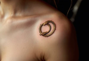 A golden dragon Ouroboros snake forming cyrcle with ruby eyes, its body covered in ancient markings, resembling a divine entity. tattoo idea