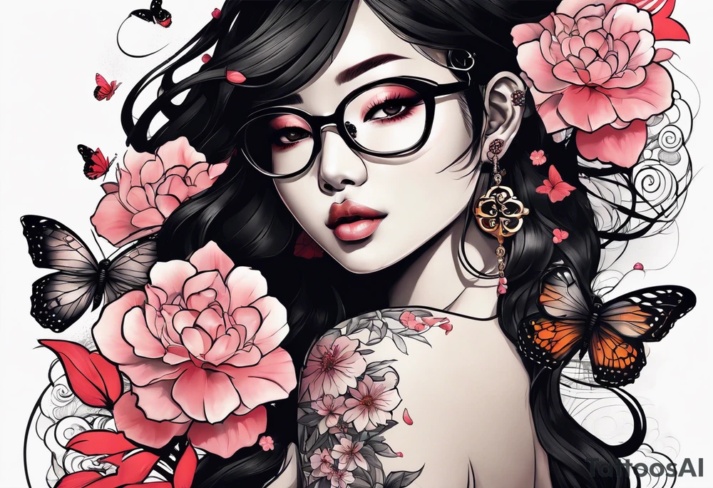 Japanese-style tattoo Black dark-skinned Female with glasses with butterflies and sakura blossoms around her with the lettering " Nisha " Underneath. tattoo idea