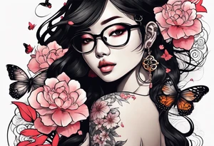 Japanese-style tattoo Black dark-skinned Female with glasses with butterflies and sakura blossoms around her with the lettering " Nisha " Underneath. tattoo idea