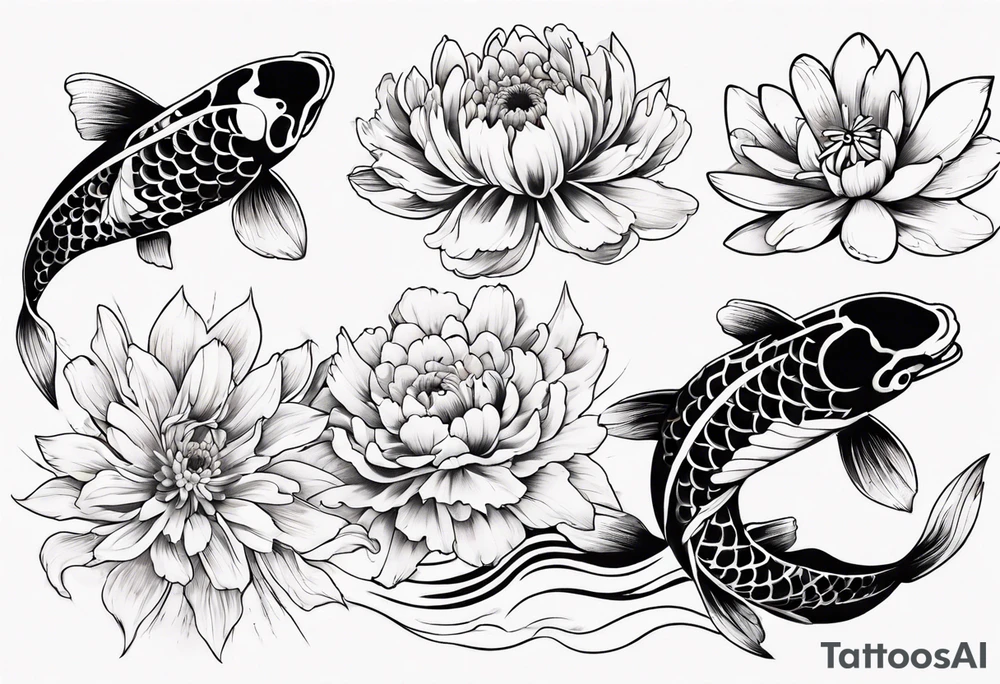 Japanese style tattoo koi daffodils, chrysanthemum and waves tattoo idea