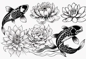 Japanese style tattoo koi daffodils, chrysanthemum and waves tattoo idea