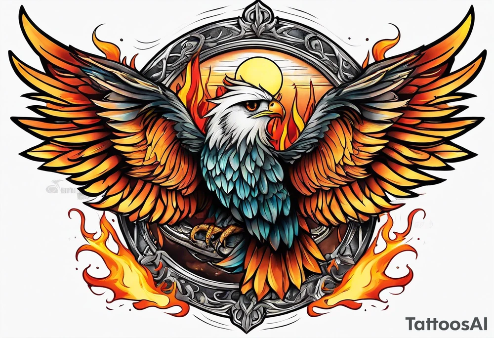 Many wings and eyes and burning flame tattoo idea