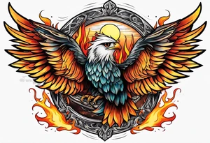 Many wings and eyes and burning flame tattoo idea