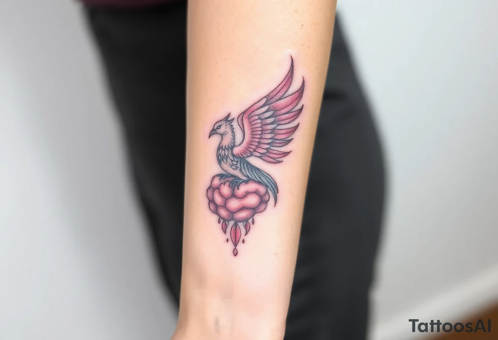 A phoenix rising out of a brain colorful tattoo idea