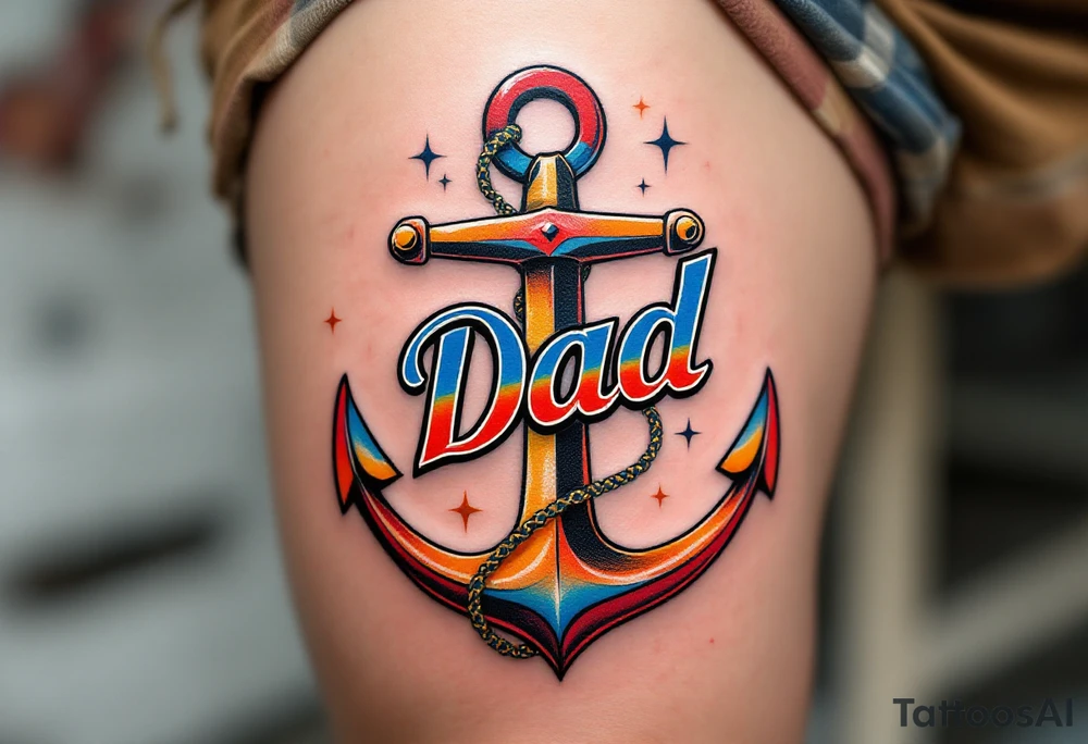 A colorful anchor with “Dad” in old-school lettering and gold shading. tattoo idea