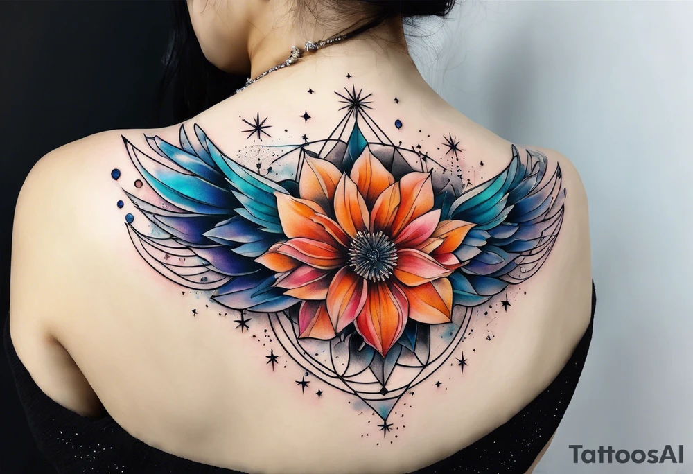 Constellation, wing , snow , géométric , flower tattoo idea