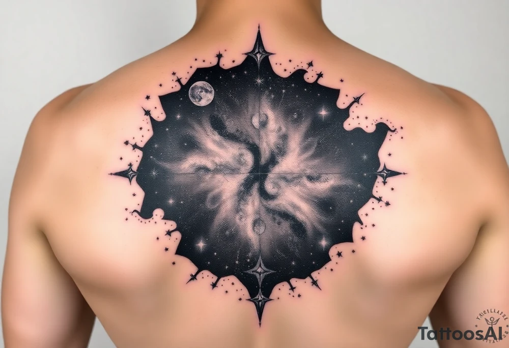 Beautiful and epic 3d milky way that appears to be what is beneath the skin. Make it drape over the shoulder and move to the middle back. use negative spaces to create stars and dust. Incorporate God breathing life into the universe. Keep it symmetrical tattoo idea