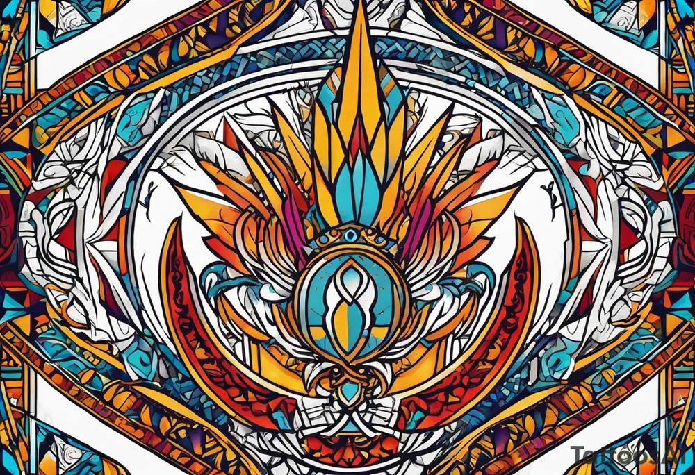 Geometric tapestry with trident and and marathon on arm tattoo idea