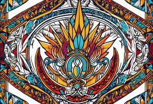 Geometric tapestry with trident and and marathon on arm tattoo idea