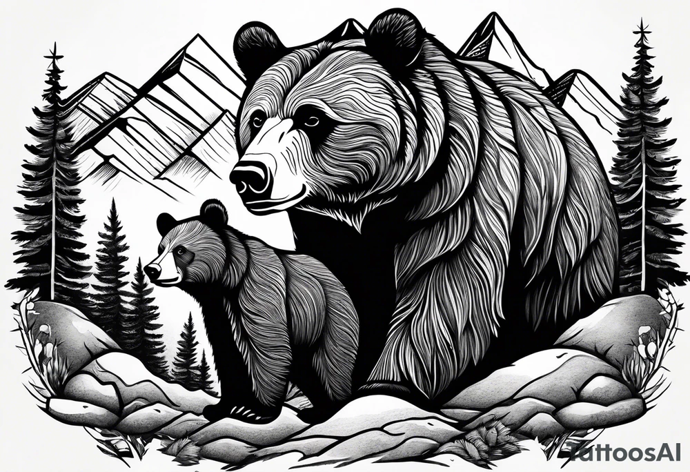 mamma bear and cub with mountains tattoo idea