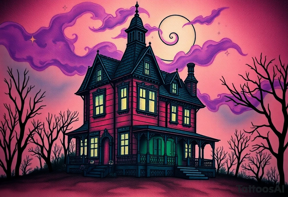 Tim Burton’s haunted victorian home is abandoned and dripping with muted reds, dusty pinks, and eerie green glow.purple and cyan smokey clouds swirl in the crescent moonlit sky thats sprinkled with stars tattoo idea tattoo idea