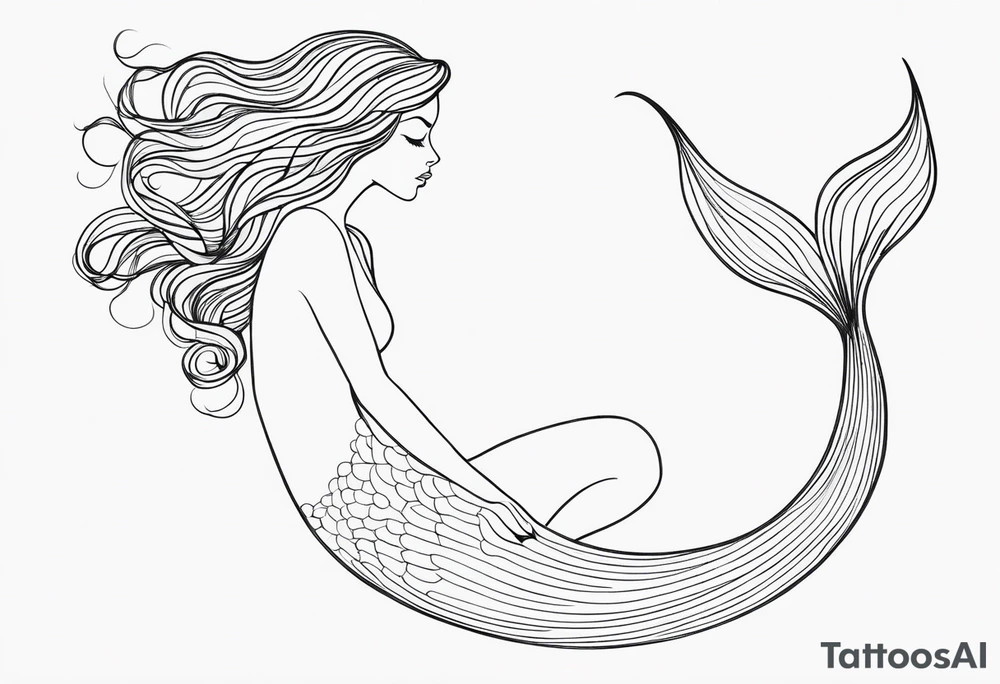 mermaid, long hair, diving like a dolphin face in profile, one-line, tail in bottom left corner, right top right corner tattoo idea