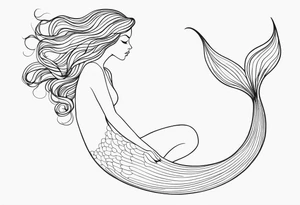 mermaid, long hair, diving like a dolphin face in profile, one-line, tail in bottom left corner, right top right corner tattoo idea