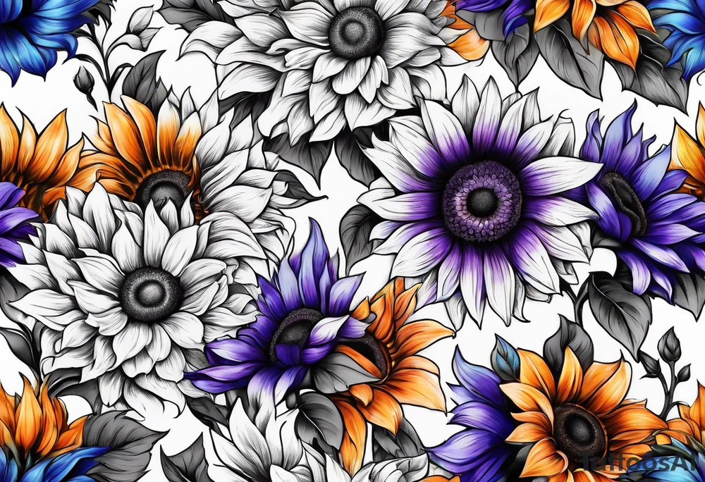 Full leg sleeve with purple, orange and blue sunflowers tattoo idea