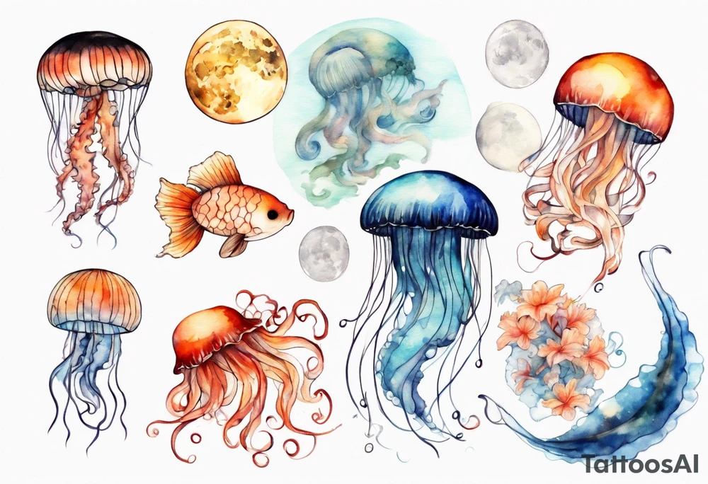 1 jellyfish with the moon in the lid. Then with mini koi carp and jellyfish swimming amongst the tentacles tattoo idea