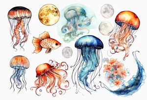 1 jellyfish with the moon in the lid. Then with mini koi carp and jellyfish swimming amongst the tentacles tattoo idea