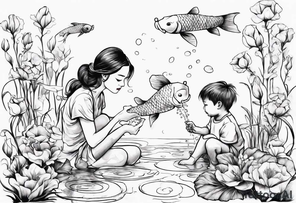 woman and little boy, watering sweet pea flowers, surrounding a pond with 2 koi fish swimming tattoo idea