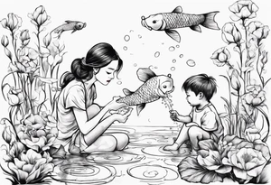 woman and little boy, watering sweet pea flowers, surrounding a pond with 2 koi fish swimming tattoo idea