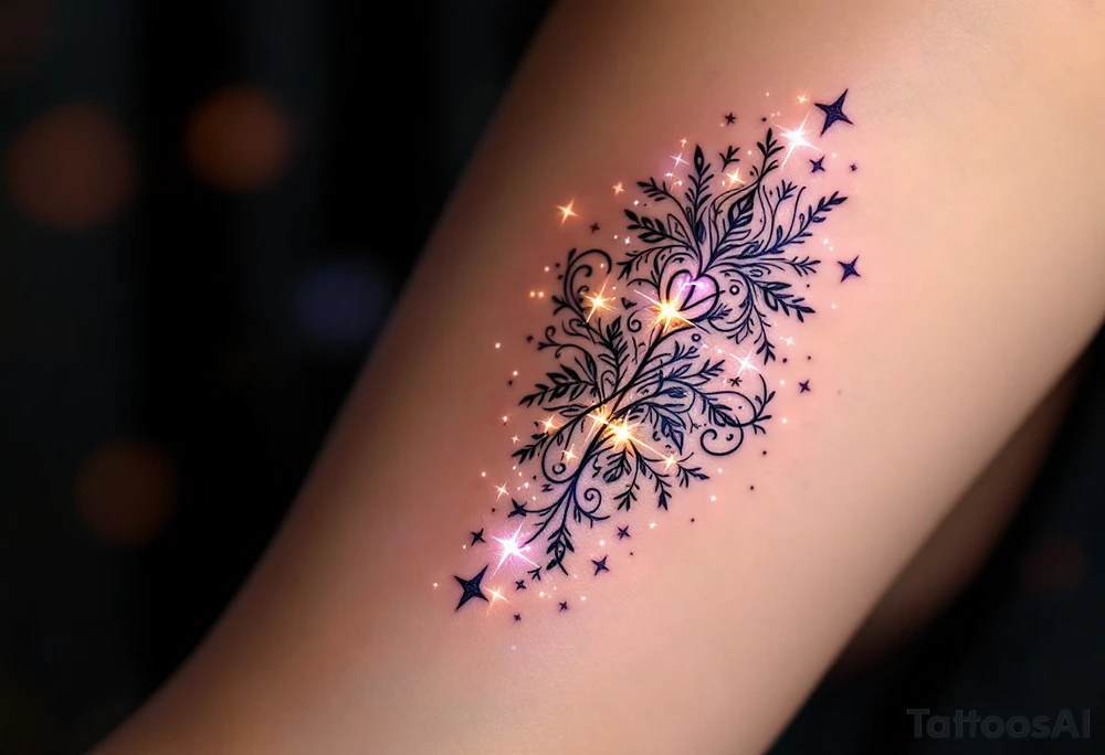 A symbol for symbol for love rune in sharp, clean lineswith intricate carvings surrounded by delicate vines and floral motifs. The design glows with a soft lavender and gold light, with sparkling stars to symbolize love that transcends space and time. tattoo idea