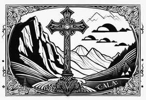 Cross with Mountains and the word "Cala" that is simple and small tattoo idea