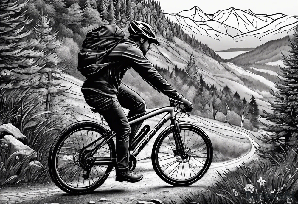 Gravelbike auf einer Schotter Straße. Im Hintergrund Wald und Berge. tattoo idea