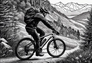 Gravelbike auf einer Schotter Straße. Im Hintergrund Wald und Berge. tattoo idea