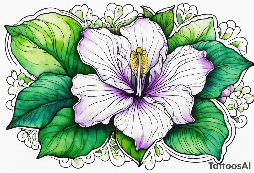 An outline of a green rio dipladenia flower and a green/purple watercolor streak in the background tattoo idea