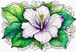 An outline of a green rio dipladenia flower and a green/purple watercolor streak in the background tattoo idea