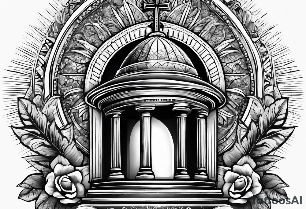 Tomb with cross and sun in the background tattoo idea