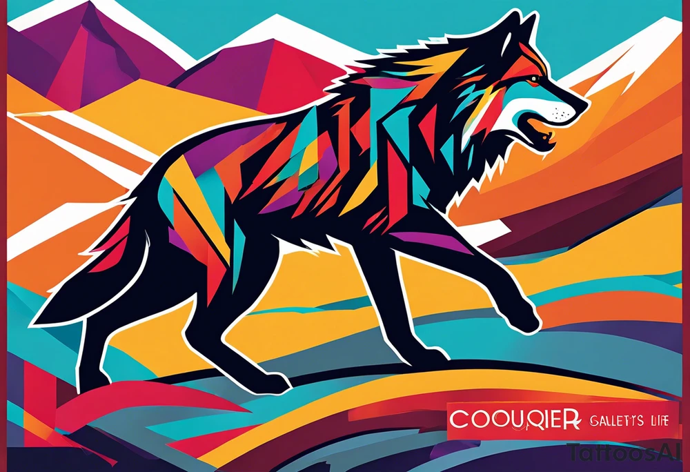 lone wolf traversing a landscape, with sharp lines and vibrant colors symbolizing life's challenges. The wolf's determined gaze reflects resilience and strength, while abstract elements around it represent obstacles overcome. The phrase "Conquer the Journey" in bold, contemporary lettering completes the design, capturing the essence of overcoming life's battles with modern flair. tattoo idea