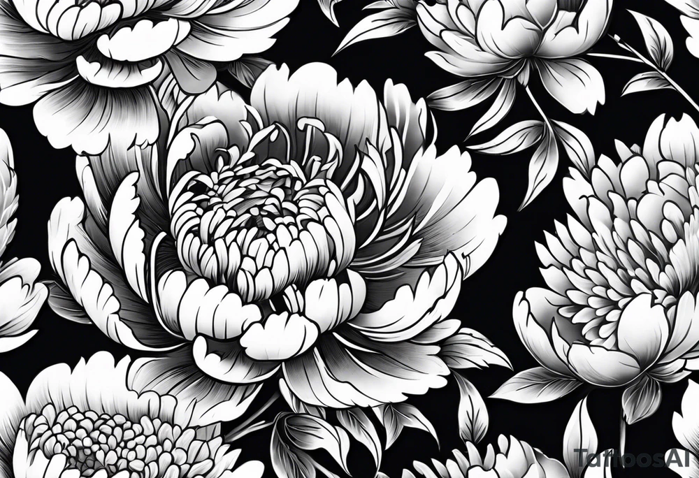 Japanese Floral peony water sleeve black and white neo traditional chrysanthemum tattoo idea