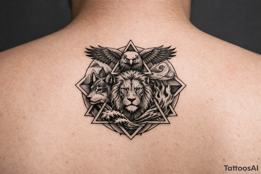 Strength, humble, honourable, respectful, being adaptable to all situations
Using animals, elements (earth wind fire water), geometric shapes tattoo idea
