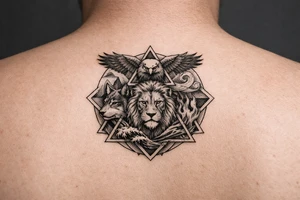 Strength, humble, honourable, respectful, being adaptable to all situations

Using animals, elements (earth wind fire water), geometric shapes tattoo idea