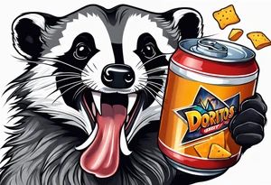 badger with mouth open with soda can and Doritos tattoo idea