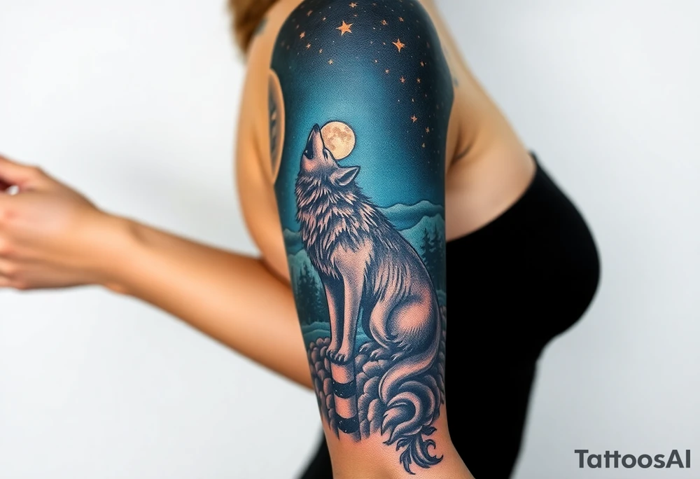 Lone wolf howling at the moon in the forest in the night Columba star tattoo idea
