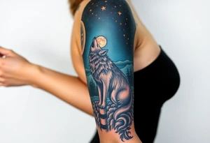 Lone wolf howling at the moon in the forest in the night Columba star tattoo idea