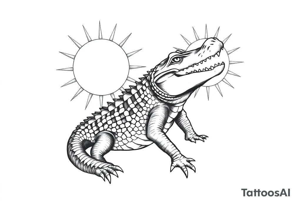 can I have the gator positioned vertically to the left of the sun with the sun on the right . the gator should have its full body tattoo idea