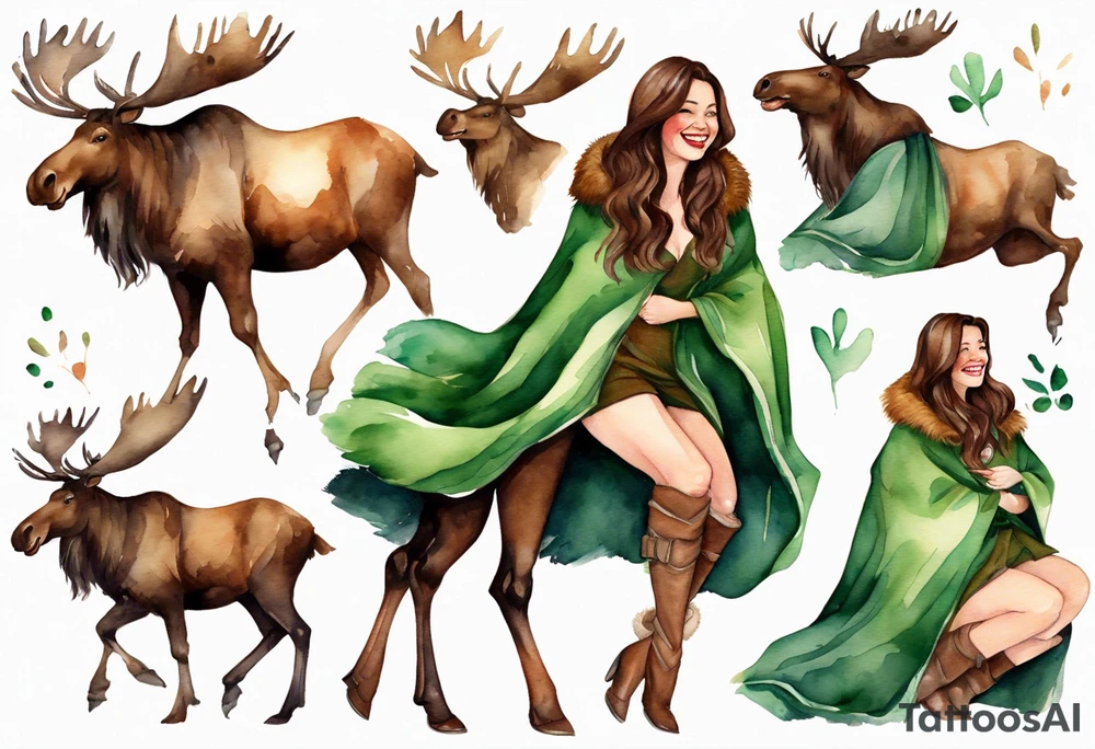 a watercolor of a curvy woman with long brown hair and brown skin and green eyes wearing a fur cloak laughing riding a moose tattoo idea