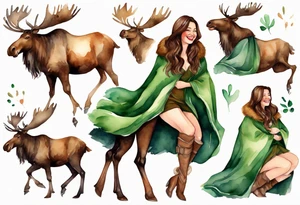 a watercolor of a curvy woman with long brown hair and brown skin and green eyes wearing a fur cloak laughing riding a moose tattoo idea