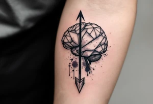 A geometric, vertical, front-seen brain. A detailed arrow crosses from below and exit from the top, with its tip desintegrating to represent entropy and watercolor stains spilled from the arrow. tattoo idea