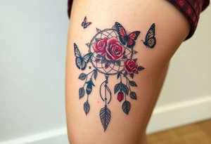 Dreamcatcher roses and butterflies tattoo idea