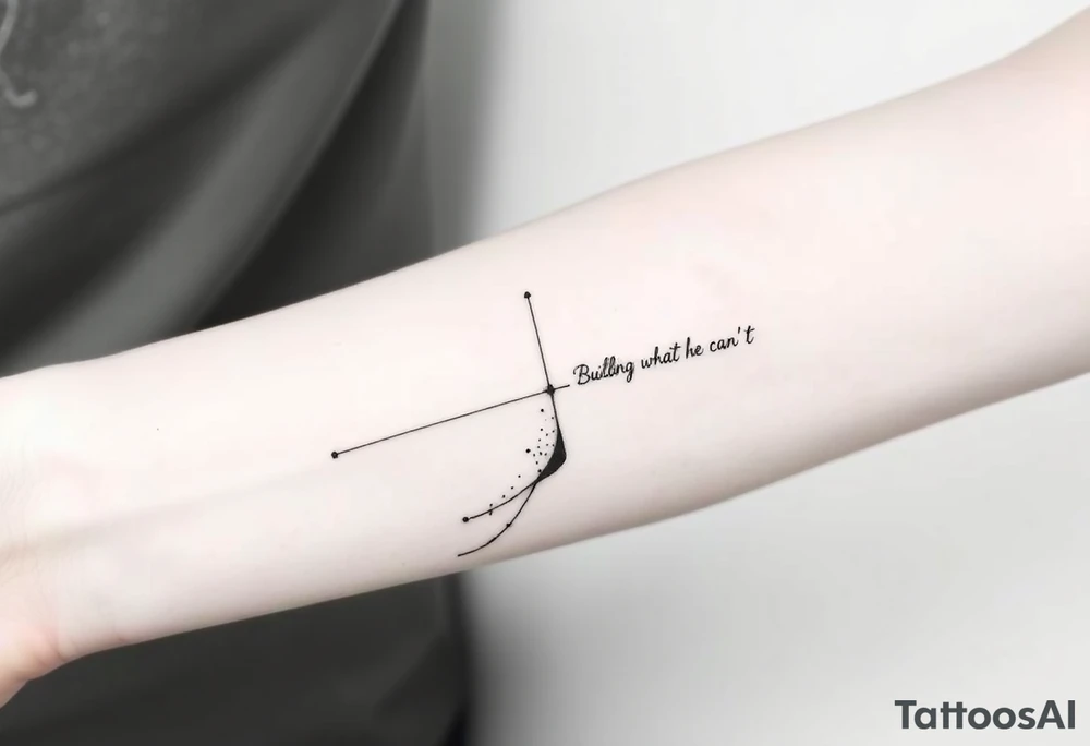 Minimalist black-ink forearm tattoo representing father and son, legacy, and continuation of unfinished dreams. Central design: a single, flowing vertical line or abstract path starting fragmented at the bottom (symbolizing the father’s unfinished work) and gradually becoming solid and strong as it rises (symbolizing the son carrying the legacy forward). Along the path, include fine, particle-like dots or subtle flowing lines that represent the father’s guidance and energy cheering the son on. Above the path, subtly integrate an abstract, ethereal outline of the father watching proudly, made with minimal fine lines, fading into the composition without overpowering the main flow. Hidden within or alongside the line, include the phrase “Building what he couldn’t” in elegant, small script. Style: clean minimalistic black ink only, fine-line geometric abstraction with flowing composition, organic motion of particles, strong symbolism of legacy, guidance, and transcendence, forearm-optimized vertical layout, visually balanced and readable at arm scale. tattoo idea