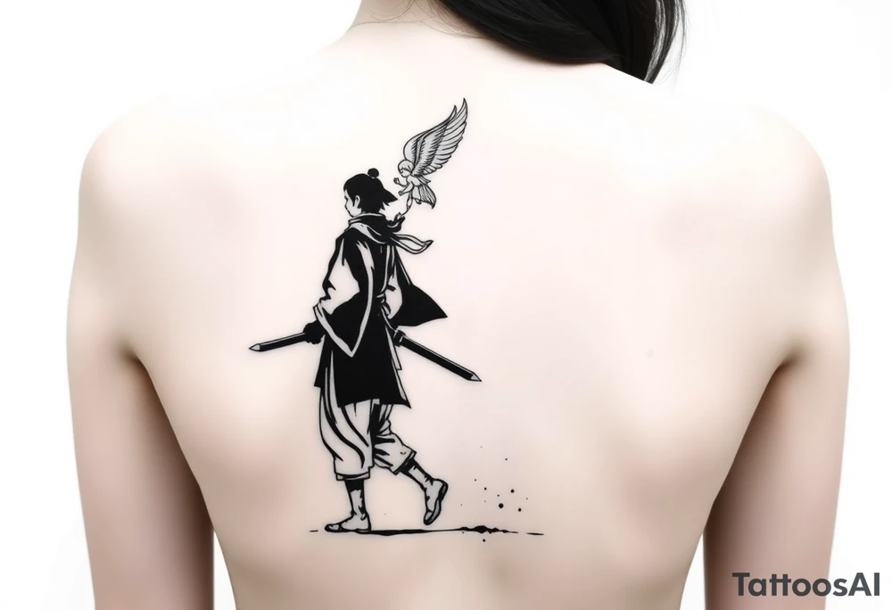 "Blackwork tattoo sketch of a lone samurai walking forward, shown in dramatic silhouette style. The samurai wears traditional kimono and hakama, holding a katana in one hand with the blade pointing downward. Behind him floats a small child angel with detailed feathered wings, gently touching the samurai’s back with one hand, as if stopping or guiding him. Strong contrast, dynamic ink splatter, rough brush strokes, Japanese sumi-e vibe, emotional and symbolic composition, high detail linework, no background." tattoo idea