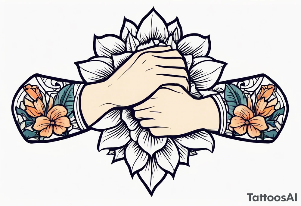hands praying with flowers simple bold tradional old school style tattoo idea
