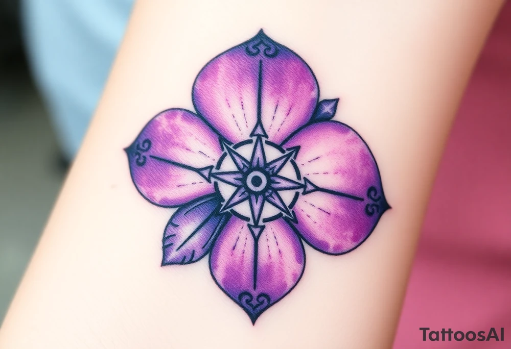 A single Violet with detailed compass at its center representing feminine power and an ankh or Celtic knot tattoo idea