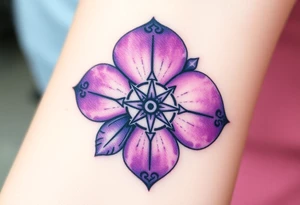 A single Violet with detailed compass at its center representing feminine power and an ankh or Celtic knot tattoo idea