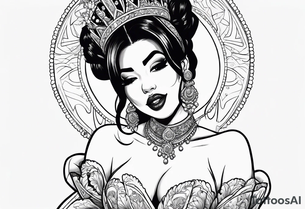 Latina Queen ahegao, tongue out drooling, happy, whitespace hentai tattoo idea